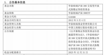 沪深300ETF华泰柏瑞分红方案出炉：每10份基金份额分红1.23元