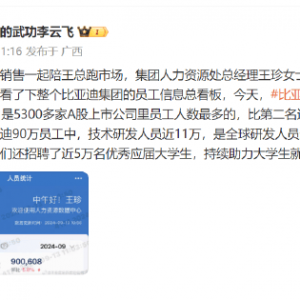 比亚迪李云飞：比亚迪员工总数突破90万，比A股第二名还要多40万人！技术研发人员11万 ...