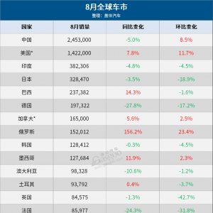8月全球车市：中国蝉联第一，13国销量齐跌