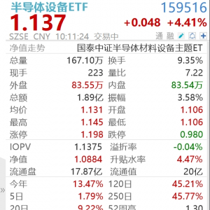 自主可控大势所趋，半导体设备ETF（159516）大涨4.5%