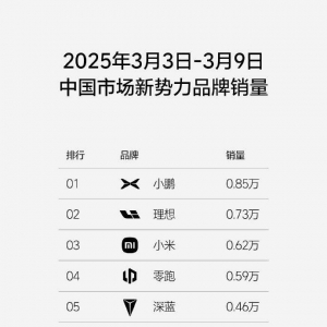 2025年第10周新势力销量榜：小鹏汽车周销量0.85万排名第一，理想汽车0.73万辆第二，小 ...