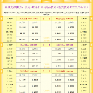 一张图看18个直盘外汇支撑阻力：美元+欧系日系+商品货币+新兴货币(2025年6月11日) ...