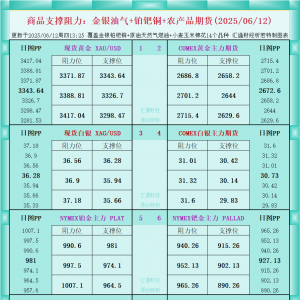 一张图看商品支撑阻力：金银油气+铂钯铜农产品期货(2025年6月12日) ...