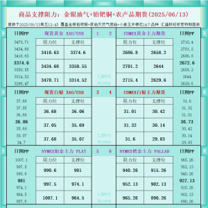 一张图看商品支撑阻力：金银油气+铂钯铜农产品期货(2025年6月13日) ...