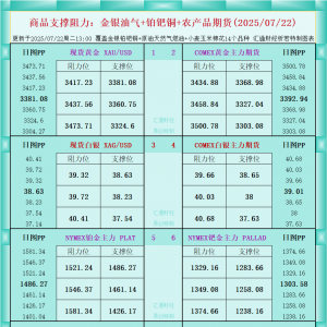 一张图看商品支撑阻力：金银油气+铂钯铜农产品期货(2025年7月22日) ...