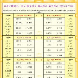 一张图看18个直盘外汇支撑阻力：美元+欧系日系+商品货币+新兴货币(2025年7月28日) ...