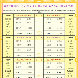 一张图看18个直盘外汇支撑阻力：美元+欧系日系+商品货币+新兴货币(2025年7月29日) ...