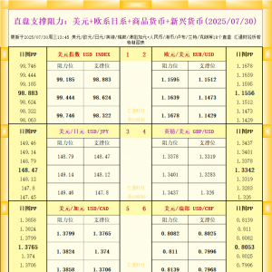 一张图看18个直盘外汇支撑阻力：美元+欧系日系+商品货币+新兴货币(2025年7月30日) ...