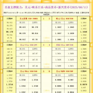 一张图看18个直盘外汇支撑阻力：美元+欧系日系+商品货币+新兴货币(2025年8月11日) ...