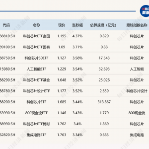 ETF今日收评 | 科创芯片相关ETF涨超3%，稀有金属相关ETF跌超2%