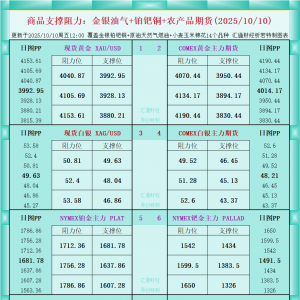 一张图看商品支撑阻力：金银油气+铂钯铜农产品期货(2025年10月10日) ...