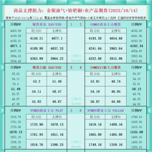 一张图看商品支撑阻力：金银油气+铂钯铜农产品期货(2025年10月14日) ...