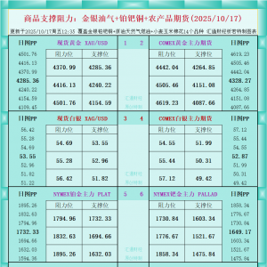 一张图看商品支撑阻力：金银油气+铂钯铜农产品期货(2025年10月17日) ...