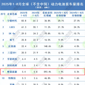 蜂巢能源1-8月装车量海外同比激增593%！跻身全球（除中国外）装车量排名前十 ...