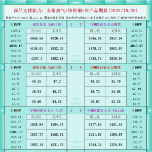 一张图看商品支撑阻力：金银油气+铂钯铜农产品期货(2025年10月28日) ...