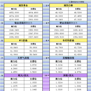 10月31日美市更新支撑阻力：18品种支撑阻力(金银铂钯原油天然气铜及十大货币对) ...