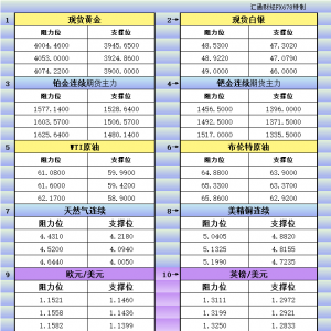 11月5日美市更新支撑阻力：18品种支撑阻力(金银铂钯原油天然气铜及十大货币对) ...