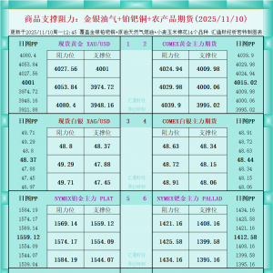 一张图看商品支撑阻力：金银油气+铂钯铜农产品期货(2025年11月10日) ...
