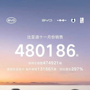 比亚迪11月销量突破48万辆，海外同比暴涨297%，新能源累销破1470万大关 ...