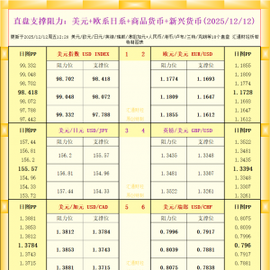 一张图看18个直盘外汇支撑阻力：美元+欧系日系+商品货币+新兴货币(2025年12月12日) ...