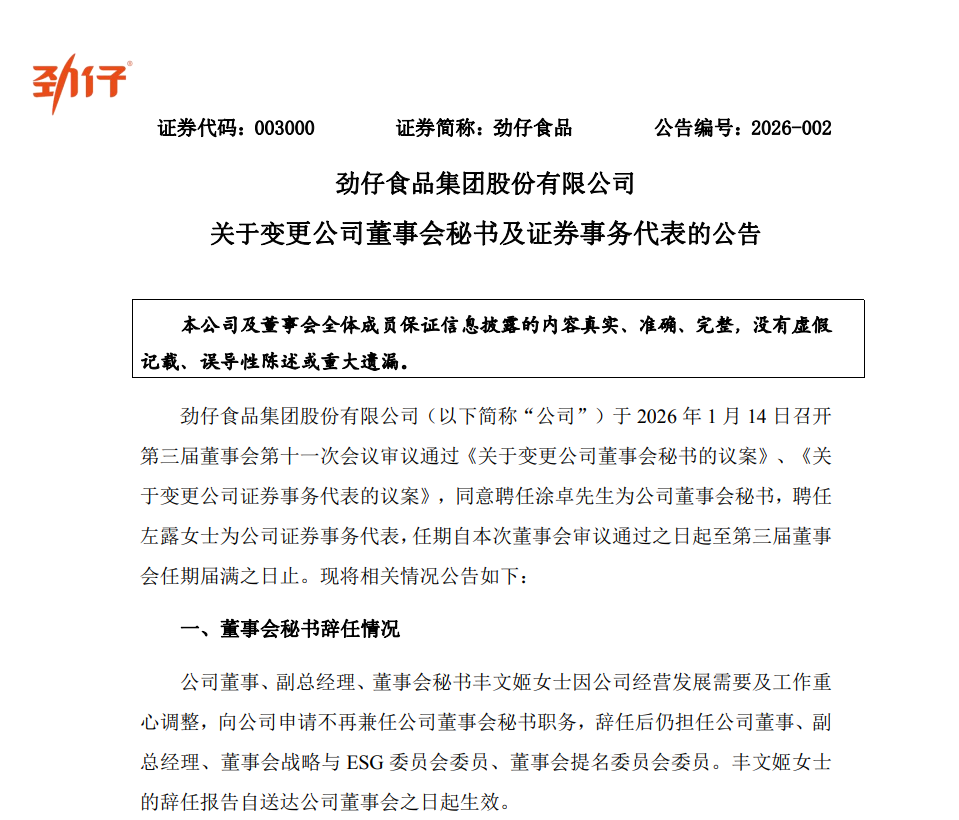 劲仔食品聘任37岁涂卓为董事会秘书  原董秘丰文姬将继续担任董事及副总 ...